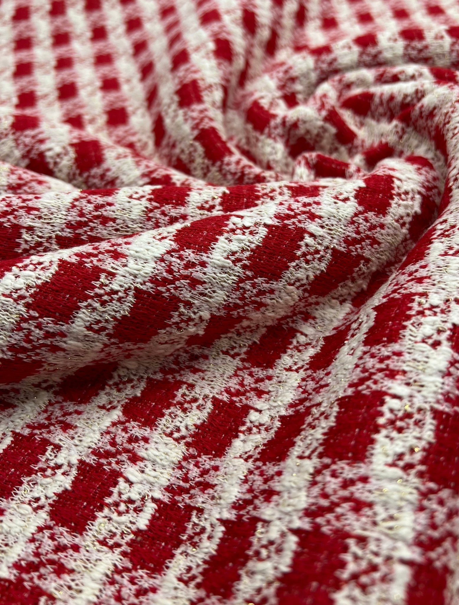 Red White Gingham Gold Speckle Jacquard Stretch Fabric - T9 Fabrics